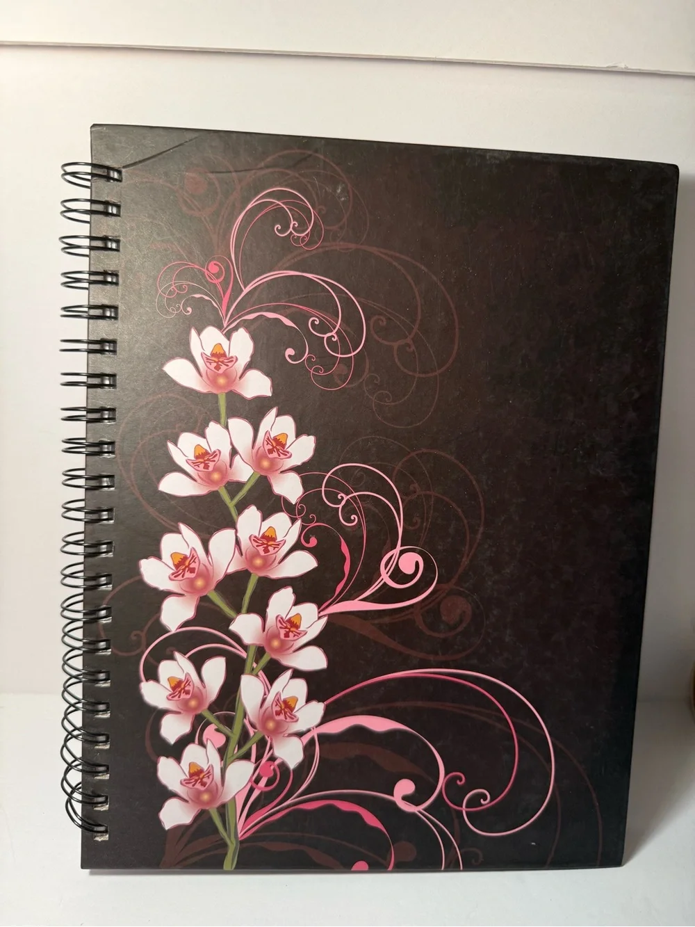 Floral Spiral Notebook — Black Cover with Pink Flower Design